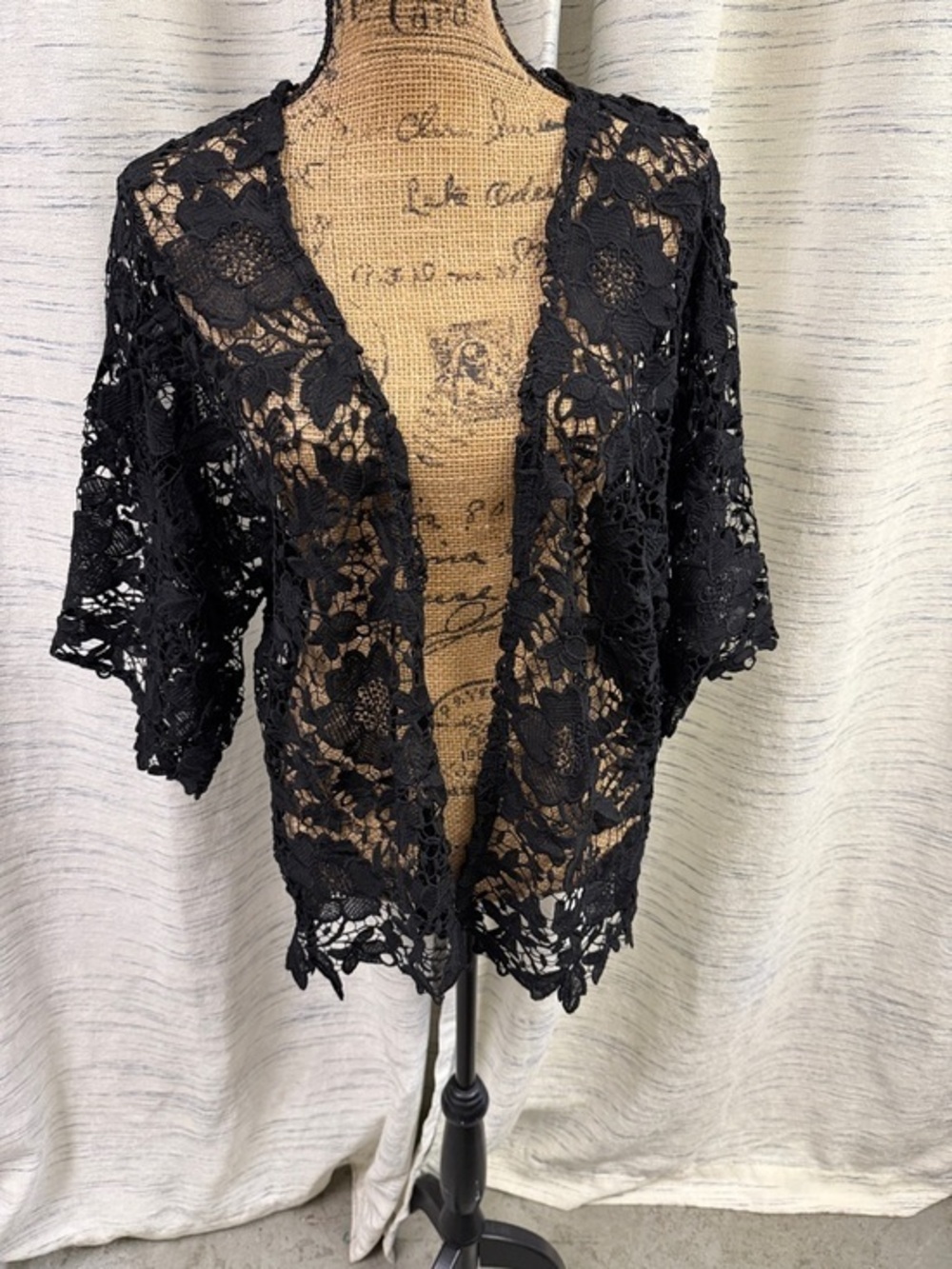 Black Crochet Lace Open Front Kimono